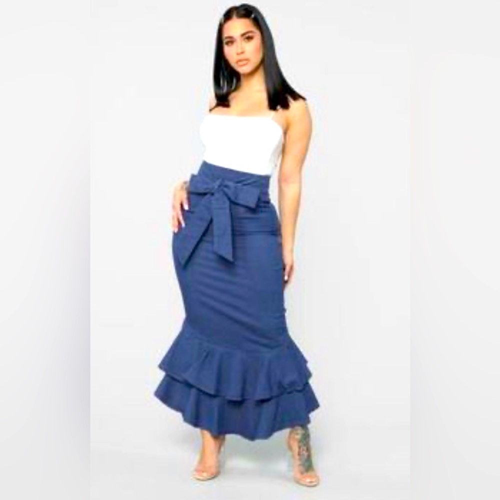 Fashion Nova Navy Ruffle Maxi Skirt